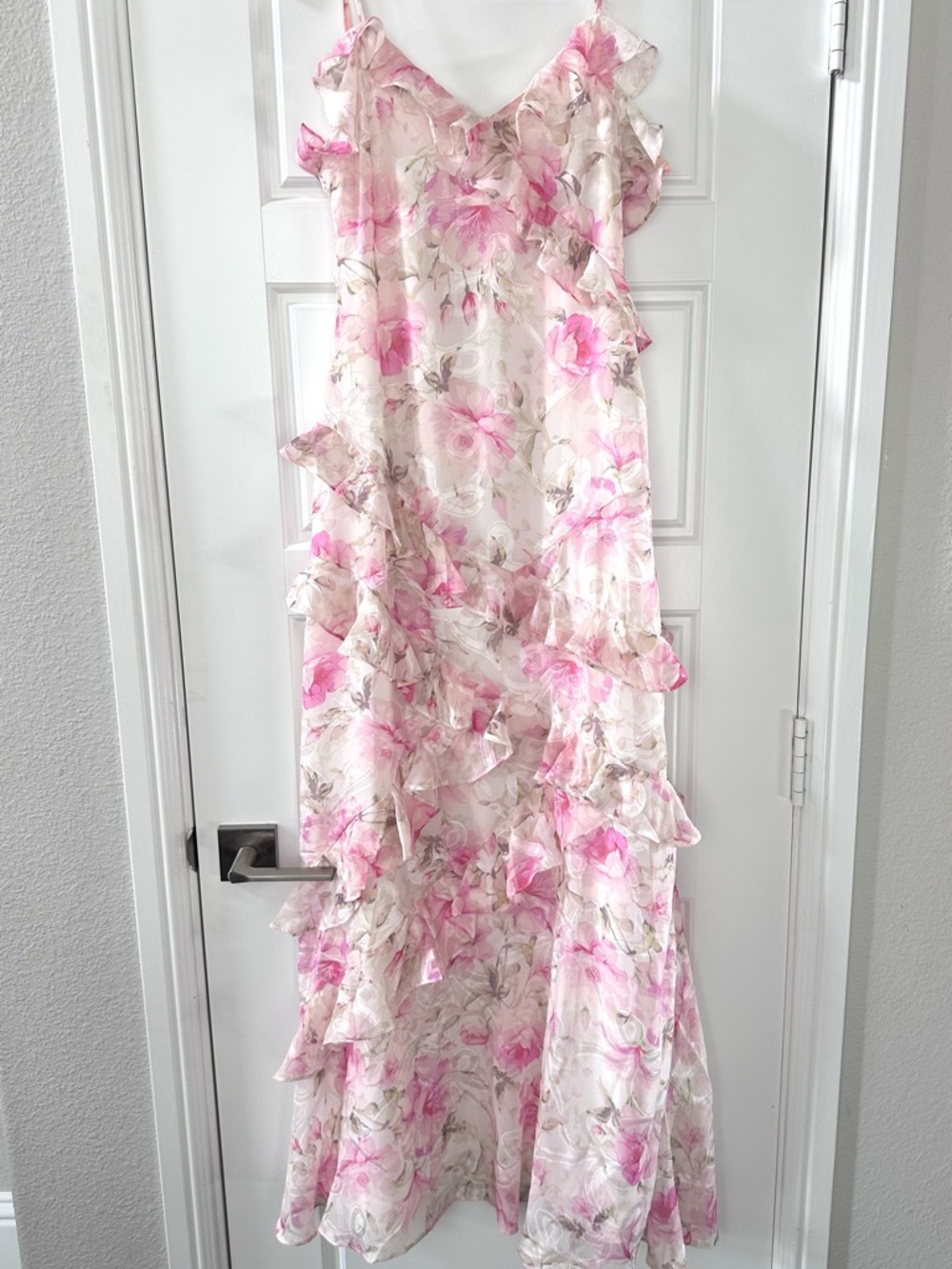 Altar'd State Floral Pink and Cream Ruffled (Mirelda) Maxi Dress, size S.